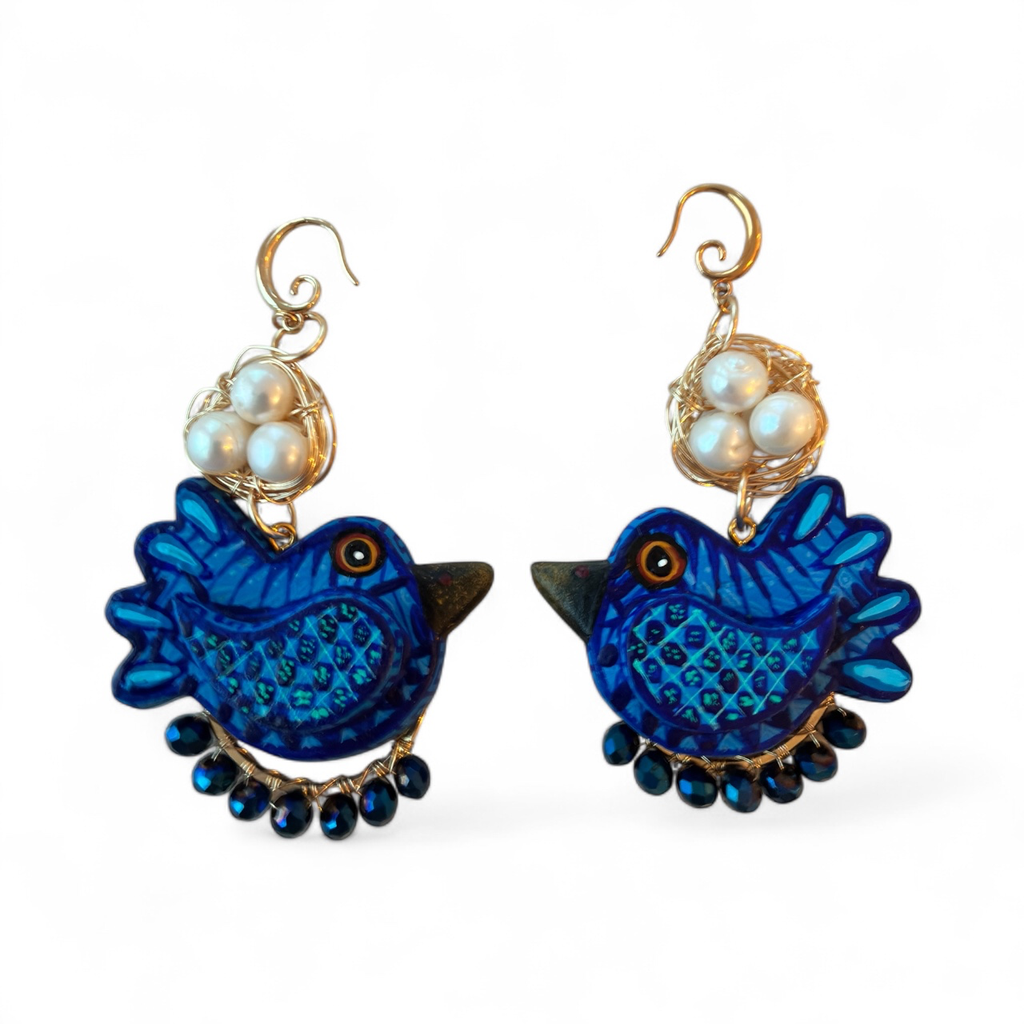 Bird & Nest Earrings (Blue)