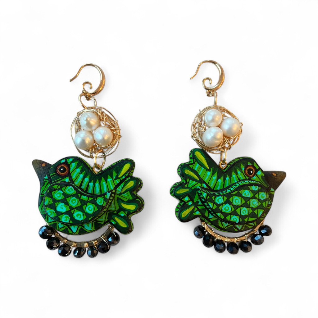 Bird & Nest Earrings (Green)